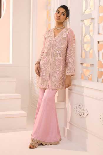 Aneesh Agarwaal_Pink Organza, Silk Embroidery, Sequins, Stones Zoya Floral Jacket Sharara Set _Online_at_Aza_Fashions