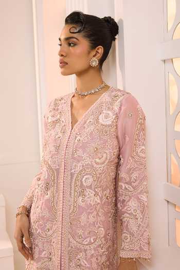 Shop_Aneesh Agarwaal_Pink Organza, Silk Embroidery, Sequins, Stones Zoya Floral Jacket Sharara Set _Online_at_Aza_Fashions