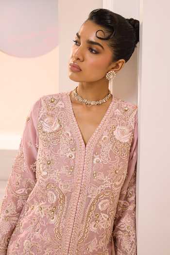 Aneesh Agarwaal_Pink Organza, Silk Embroidery, Sequins, Stones Zoya Floral Jacket Sharara Set _at_Aza_Fashions