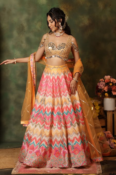 Archana Kochhar Sheesh Peacock Embroidered Raw Silk Lehenga Set 