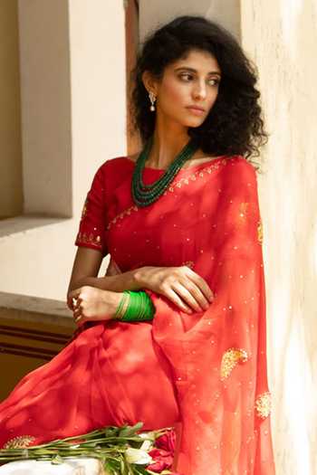 Geroo Jaipur Red Chiffon Gota Patti Round Neck Motif Embroidered Pre-draped Saree With Blouse Online at Aza Fashions Geroo Jaipur_Red Chiffon Gota Patti Round Neck Motif Embroidered Pre-draped Saree With Blouse _Online_at_Aza_Fashions