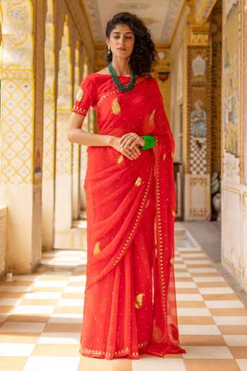 Buy Geroo Jaipur Red Chiffon Gota Patti Round Neck Motif Embroidered Pre-draped Saree With Blouse Online at Aza Fashions Buy_Geroo Jaipur_Red Chiffon Gota Patti Round Neck Motif Embroidered Pre-draped Saree With Blouse _Online_at_Aza_Fashions