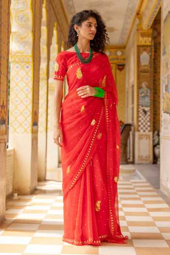 Shop Geroo Jaipur Red Chiffon Gota Patti Round Neck Motif Embroidered Pre-draped Saree With Blouse Online at Aza Fashions Shop_Geroo Jaipur_Red Chiffon Gota Patti Round Neck Motif Embroidered Pre-draped Saree With Blouse _Online_at_Aza_Fashions
