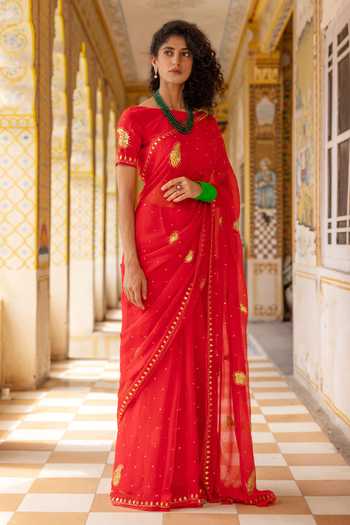 Geroo Jaipur Red Chiffon Gota Patti Round Neck Motif Embroidered Pre-draped Saree With Blouse at Aza Fashions Geroo Jaipur_Red Chiffon Gota Patti Round Neck Motif Embroidered Pre-draped Saree With Blouse _at_Aza_Fashions