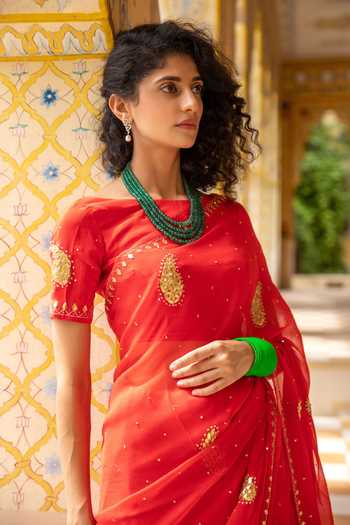 Buy Geroo Jaipur Red Chiffon Gota Patti Round Neck Motif Embroidered Pre-draped Saree With Blouse Buy_Geroo Jaipur_Red Chiffon Gota Patti Round Neck Motif Embroidered Pre-draped Saree With Blouse