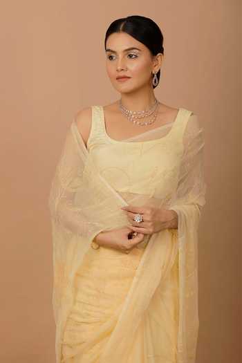 Geroo Jaipur_Beige Chiffon Sequins Square Tonal Embroidered Pre-draped Saree And Blouse Set _Online_at_Aza_Fashions