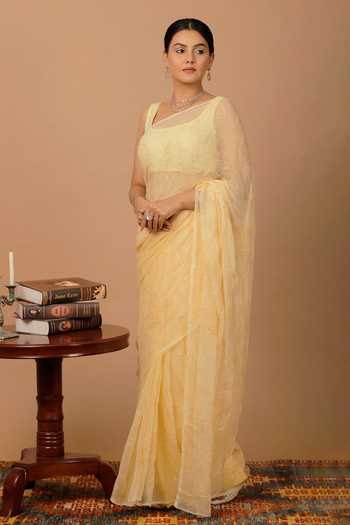 Buy_Geroo Jaipur_Beige Chiffon Sequins Square Tonal Embroidered Pre-draped Saree And Blouse Set _Online_at_Aza_Fashions