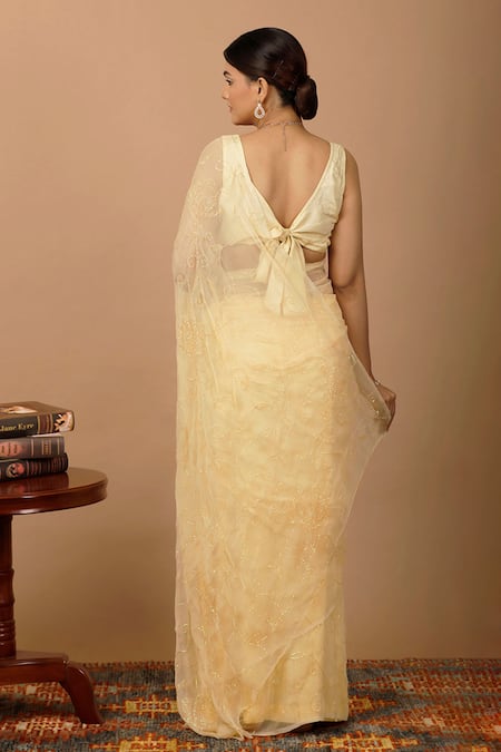 Geroo Jaipur Tonal Embroidered Pre-Draped Saree & Blouse Set 