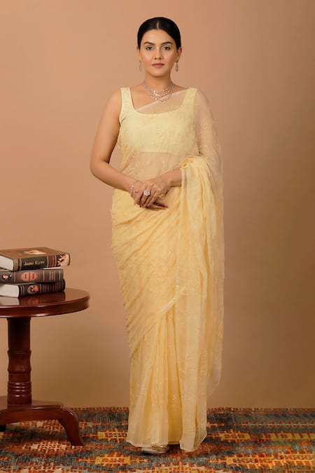 Geroo Jaipur Tonal Embroidered Pre-Draped Saree & Blouse Set 