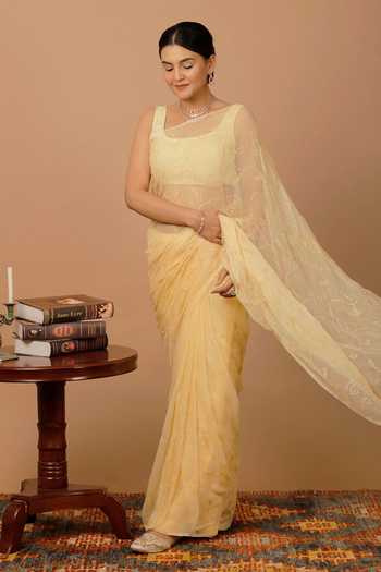 Geroo Jaipur_Beige Chiffon Sequins Square Tonal Embroidered Pre-draped Saree And Blouse Set _at_Aza_Fashions