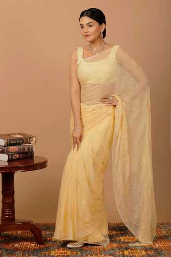 Buy_Geroo Jaipur_Beige Chiffon Sequins Square Tonal Embroidered Pre-draped Saree And Blouse Set 
