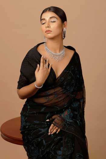Geroo Jaipur_Black Chiffon Sequins Off-shoulder Pre-draped Embellished Saree And Blouse Set _Online_at_Aza_Fashions