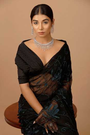 Buy_Geroo Jaipur_Black Chiffon Sequins Off-shoulder Pre-draped Embellished Saree And Blouse Set _Online_at_Aza_Fashions