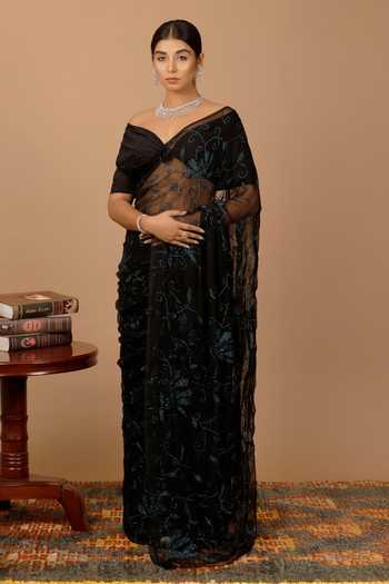 Shop_Geroo Jaipur_Black Chiffon Sequins Off-shoulder Pre-draped Embellished Saree And Blouse Set _Online_at_Aza_Fashions