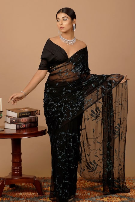 Geroo Jaipur Pre-Draped Embellished Chiffon Saree & Blouse Set 