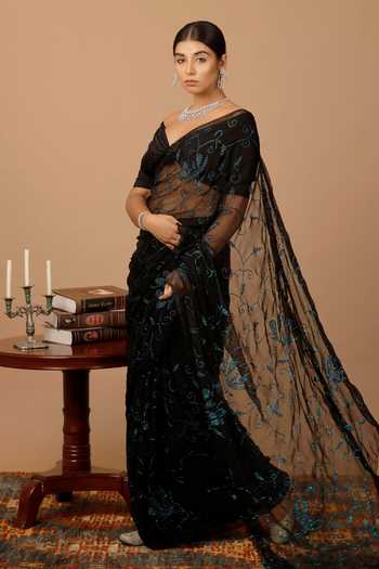 Geroo Jaipur_Black Chiffon Sequins Off-shoulder Pre-draped Embellished Saree And Blouse Set _at_Aza_Fashions