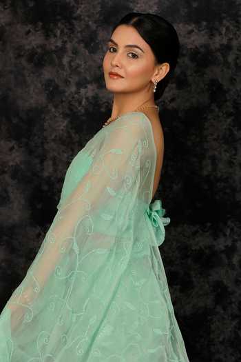 Geroo Jaipur_Green Chiffon Sequins Bandeau Tonal Embroidered Pre-draped Saree And Blouse Set _Online_at_Aza_Fashions