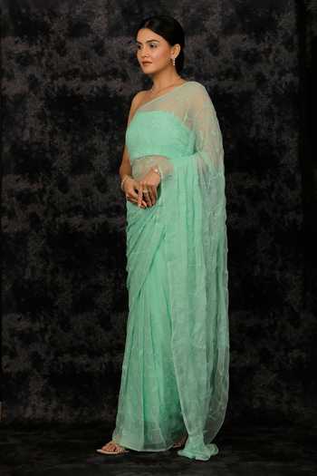 Buy_Geroo Jaipur_Green Chiffon Sequins Bandeau Tonal Embroidered Pre-draped Saree And Blouse Set _Online_at_Aza_Fashions