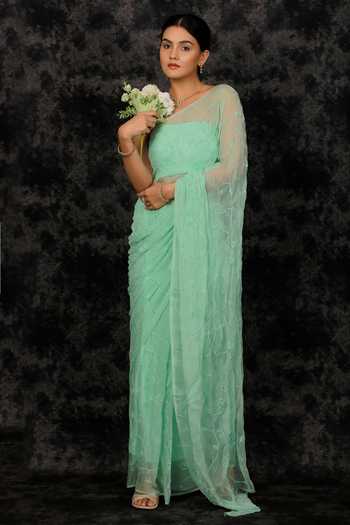 Shop_Geroo Jaipur_Green Chiffon Sequins Bandeau Tonal Embroidered Pre-draped Saree And Blouse Set _Online_at_Aza_Fashions