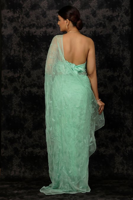 Geroo Jaipur Tonal Embroidered Pre-Draped Saree & Blouse Set 