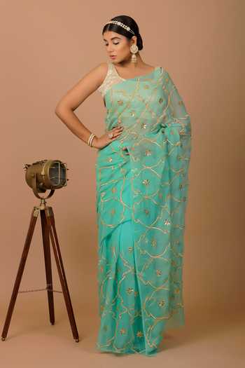 Buy_Geroo Jaipur_Green Chiffon Zari, Gota Patti Round Neck Jaal Pre-draped Saree And Blouse Set _Online_at_Aza_Fashions