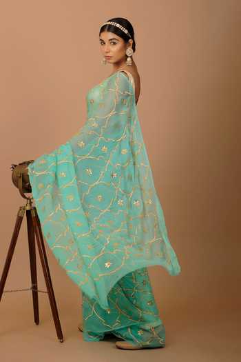 Shop_Geroo Jaipur_Green Chiffon Zari, Gota Patti Round Neck Jaal Pre-draped Saree And Blouse Set _Online_at_Aza_Fashions