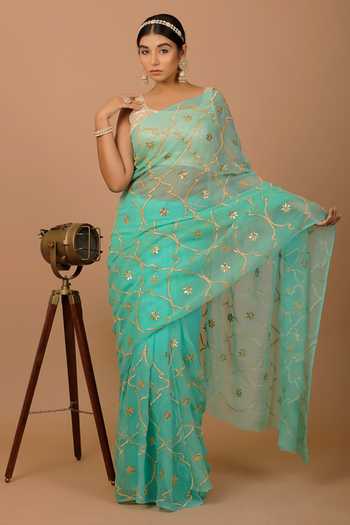 Geroo Jaipur_Green Chiffon Zari, Gota Patti Round Neck Jaal Pre-draped Saree And Blouse Set _at_Aza_Fashions