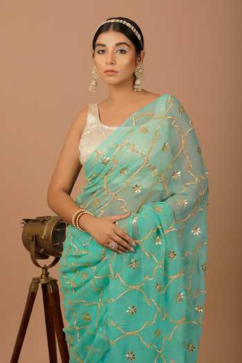 Buy_Geroo Jaipur_Green Chiffon Zari, Gota Patti Round Neck Jaal Pre-draped Saree And Blouse Set 