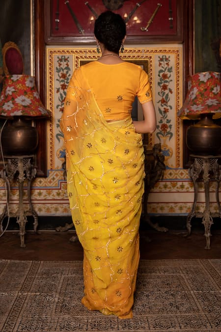 Geroo Jaipur Geometric Work Pre-Draped Saree & Blouse Set 