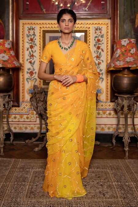 Geroo Jaipur Geometric Work Pre-Draped Saree & Blouse Set 