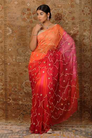 Buy_Geroo Jaipur_Pink Chiffon Zari, Gota Patti Ombre Embroidered Pre-draped Saree With Blouse _Online_at_Aza_Fashions