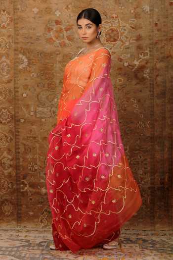 Shop_Geroo Jaipur_Pink Chiffon Zari, Gota Patti Ombre Embroidered Pre-draped Saree With Blouse _Online_at_Aza_Fashions