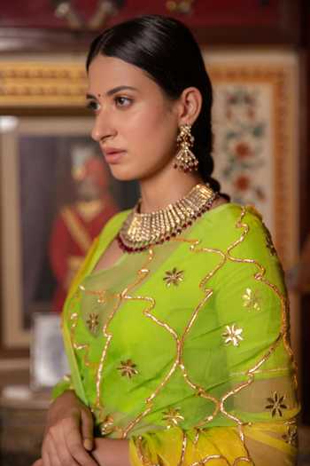 Buy_Geroo Jaipur_Green Chiffon Gota Patti Round Neck Pre-draped Saree With Blouse _Online_at_Aza_Fashions