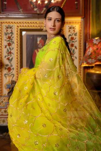 Shop_Geroo Jaipur_Green Chiffon Gota Patti Round Neck Pre-draped Saree With Blouse _Online_at_Aza_Fashions