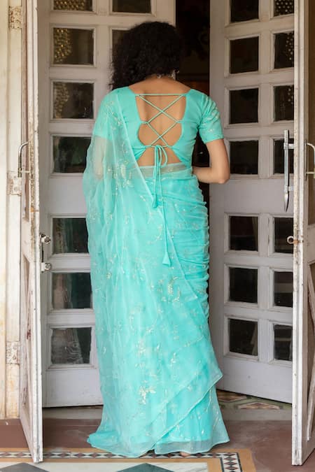 Geroo Jaipur Sequin Embroidered Pre-Draped Saree With Blouse 