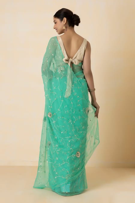 Geroo Jaipur Aari Embroidered Pre-Draped Saree Set 