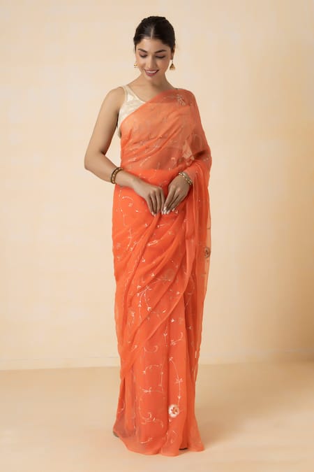 Buy Geroo Jaipur Peach Chiffon Embroidery, Zari One Shoulder Pre-draped Saree Set Online at Aza Fashions Buy_Geroo Jaipur_Peach Chiffon Embroidery, Zari One Shoulder Pre-draped Saree Set _Online_at_Aza_Fashions