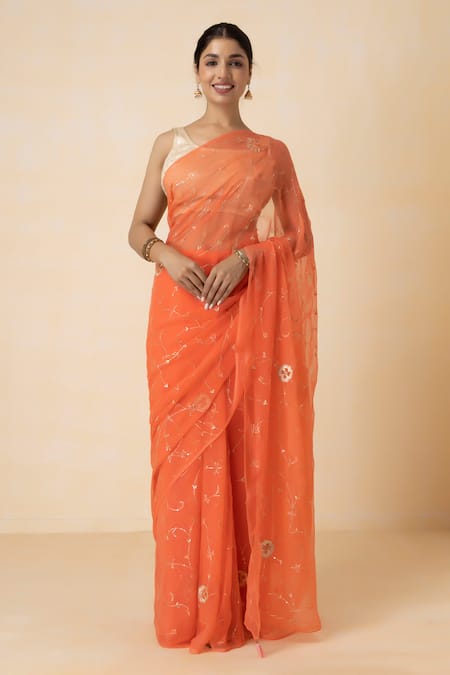 Geroo Jaipur Embroidered Pre-Draped Chiffon Saree Set 