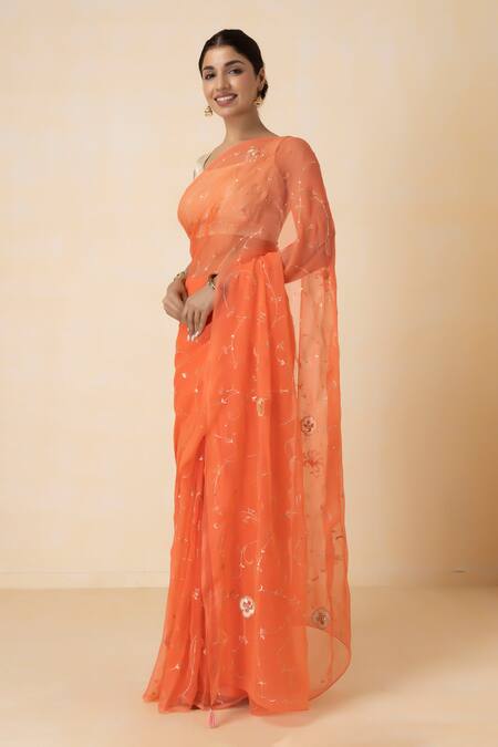 Shop Geroo Jaipur Peach Chiffon Embroidery, Zari One Shoulder Pre-draped Saree Set Online at Aza Fashions Shop_Geroo Jaipur_Peach Chiffon Embroidery, Zari One Shoulder Pre-draped Saree Set _Online_at_Aza_Fashions