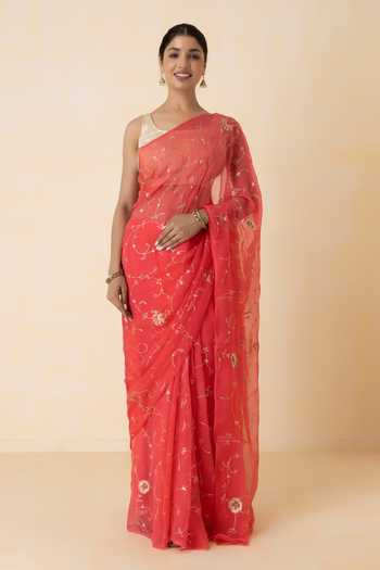 Buy Geroo Jaipur Pink Chiffon Embroidery, Zari One Shoulder Pre-draped Saree Set at Aza Fashions Buy_Geroo Jaipur_Pink Chiffon Embroidery, Zari One Shoulder Pre-draped Saree Set _at_Aza_Fashions