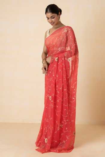 Buy Geroo Jaipur Pink Chiffon Embroidery, Zari One Shoulder Pre-draped Saree Set Online at Aza Fashions Buy_Geroo Jaipur_Pink Chiffon Embroidery, Zari One Shoulder Pre-draped Saree Set _Online_at_Aza_Fashions