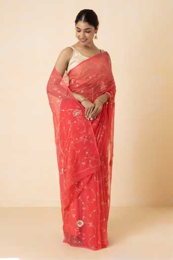 Shop Geroo Jaipur Pink Chiffon Embroidery, Zari One Shoulder Pre-draped Saree Set Online at Aza Fashions Shop_Geroo Jaipur_Pink Chiffon Embroidery, Zari One Shoulder Pre-draped Saree Set _Online_at_Aza_Fashions