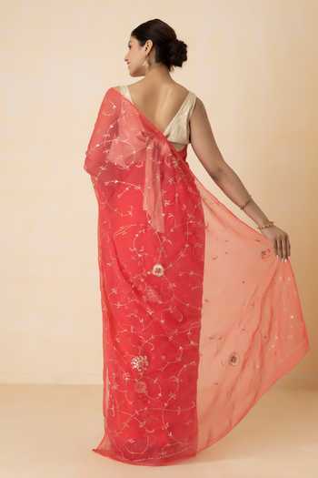 Shop Geroo Jaipur Pink Chiffon Embroidery, Zari One Shoulder Pre-draped Saree Set at Aza Fashions Shop_Geroo Jaipur_Pink Chiffon Embroidery, Zari One Shoulder Pre-draped Saree Set _at_Aza_Fashions