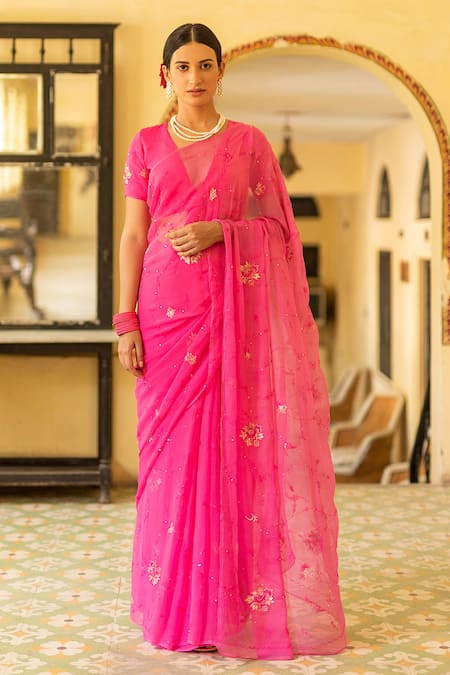 Geroo Jaipur Pre-Draped Aari Embroidered Saree Set 