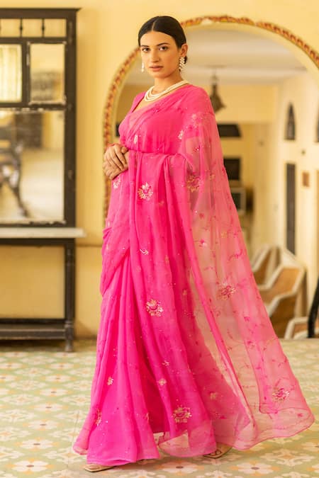 Shop_Geroo Jaipur_Pink Chiffon Embroidery, Zari V-neck Pre-draped Saree Set _Online_at_Aza_Fashions