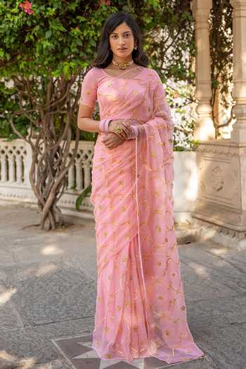 Buy Geroo Jaipur Pink Chiffon Gota Patti Round Neck Jaal Work Pre-draped Saree Set at Aza Fashions Buy_Geroo Jaipur_Pink Chiffon Gota Patti Round Neck Jaal Work Pre-draped Saree Set _at_Aza_Fashions