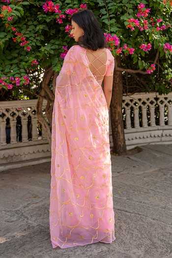 Shop Geroo Jaipur Pink Chiffon Gota Patti Round Neck Jaal Work Pre-draped Saree Set at Aza Fashions Shop_Geroo Jaipur_Pink Chiffon Gota Patti Round Neck Jaal Work Pre-draped Saree Set _at_Aza_Fashions