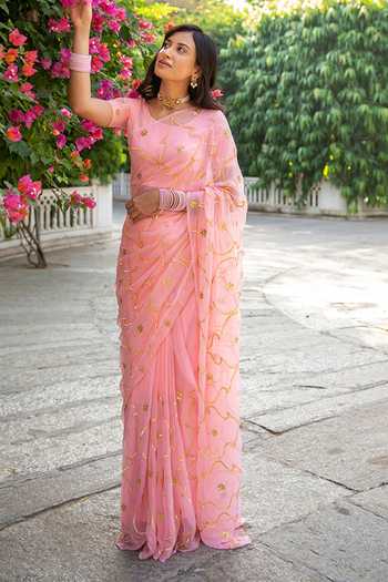 Shop Geroo Jaipur Pink Chiffon Gota Patti Round Neck Jaal Work Pre-draped Saree Set Online at Aza Fashions Shop_Geroo Jaipur_Pink Chiffon Gota Patti Round Neck Jaal Work Pre-draped Saree Set _Online_at_Aza_Fashions