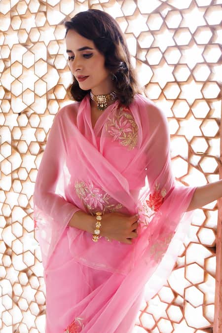 Buy_Geroo Jaipur_Pink Chiffon Embroidery, Sequins One Shoulder Motif Pre-draped Saree Set _Online_at_Aza_Fashions