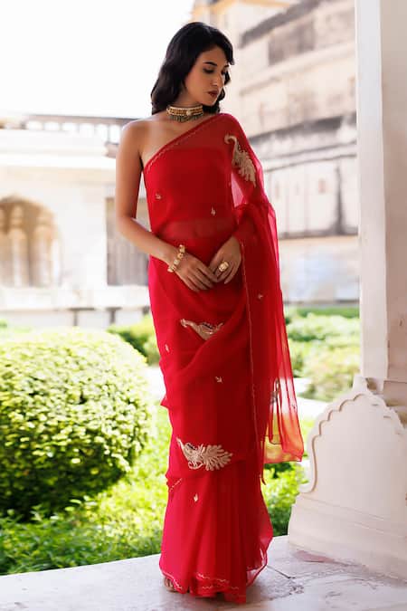 Buy_Geroo Jaipur_Red Chiffon Embroidery One Shoulder Pre-draped Saree Set _Online_at_Aza_Fashions